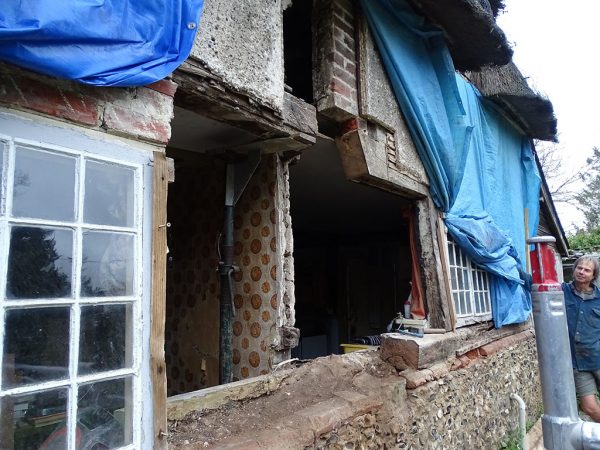 Timber 17thC frame cottage before repair in progress